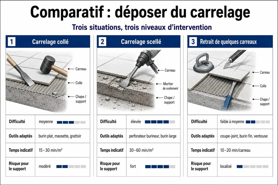 Enlever carrelage au sol : comparatif entre pose collée, pose scellée et remplacement de quelques carreaux