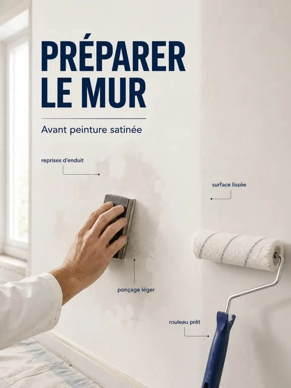 Peinture satinee murale : préparation d’un mur intérieur avec rebouchage, ponçage et application au rouleau
