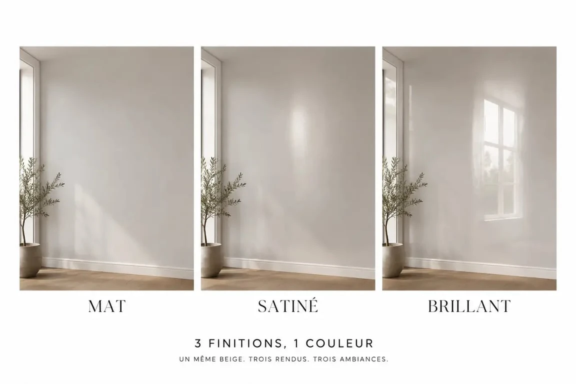 Peinture satinee murale : comparaison sur un même mur entre rendu mat, satiné et brillant sous lumière naturelle