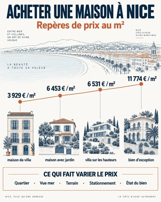 Infographie sur l’achat maison Nice et les prix au m² selon le secteur et les caractéristiques du bien