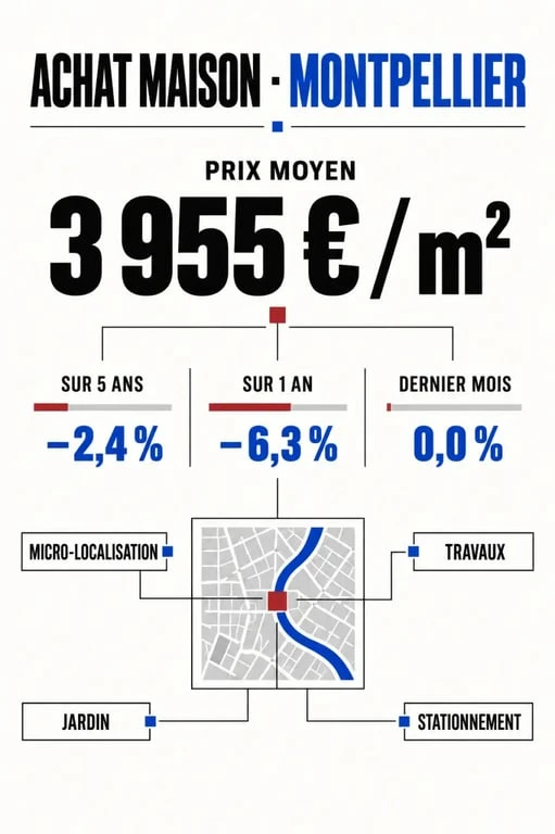 Infographie sur l'achat maison Montpellier avec prix au mètre carré et évolution du marché