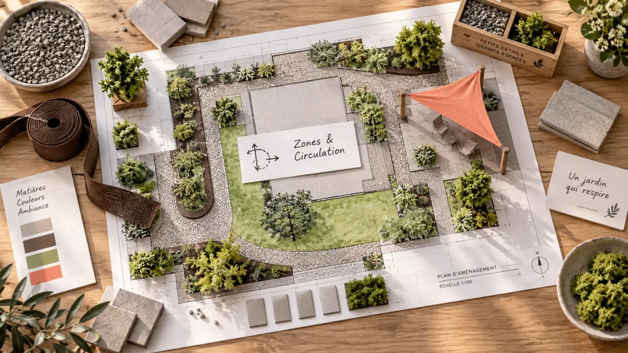 Extérieur aménagement jardin : plan 5 zones utiles et circulation