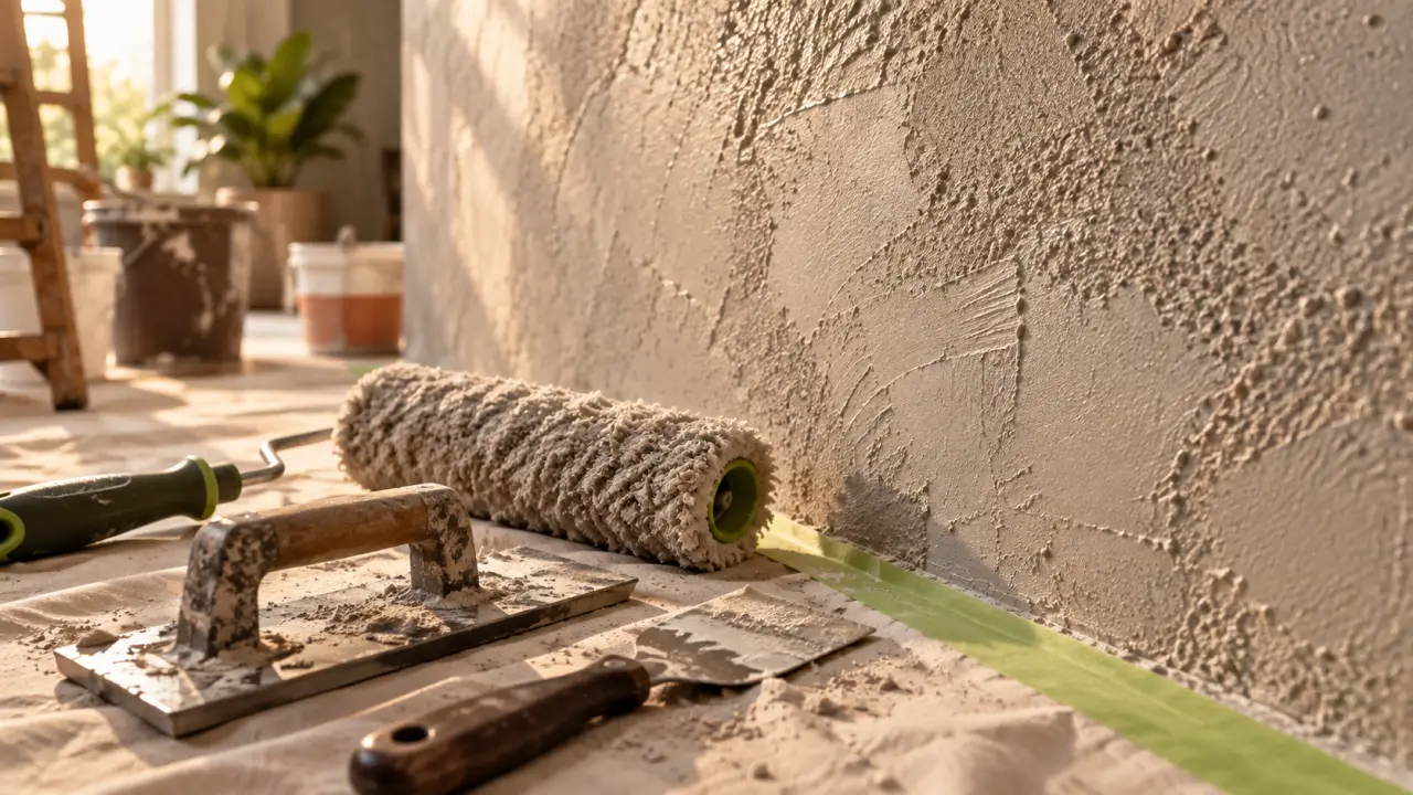 Peinture relief murale texture sablée, rouleau et enduit au mur