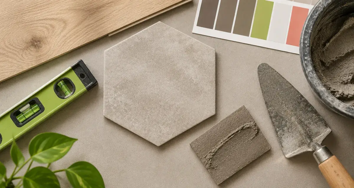 Carrelage hexagonal sol : échantillon et joints gris taupe