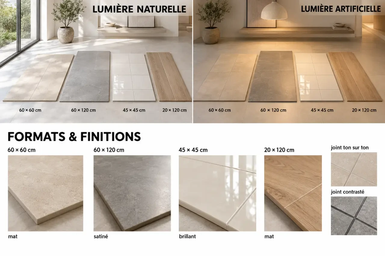 Échantillons de carrelage intérieur sol comparés selon les formats, les joints et la lumière