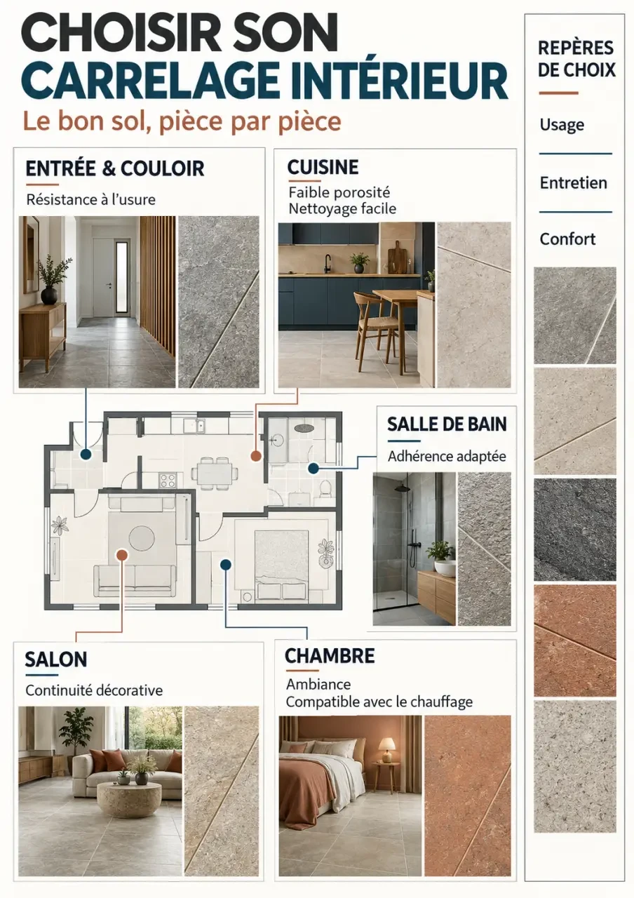 Infographie pour choisir un carrelage intérieur sol selon la pièce