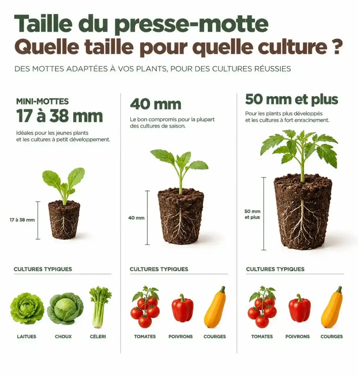 Tailles de presse-motte pour le semis : comparaison des mottes de 17 à 50 mm et des cultures adaptées