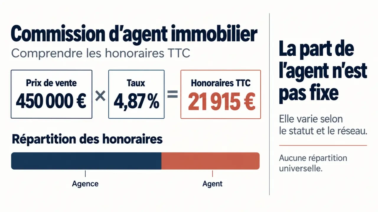 Infographie sur la commission agent immobilier et la répartition des honoraires entre agence et agent