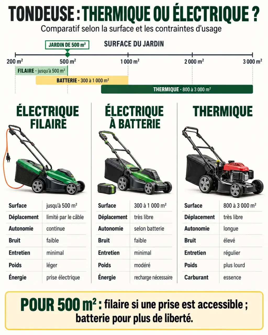 Infographie pour choisir une tondeuse thermique ou electrique selon la surface, l'autonomie et l'entretien