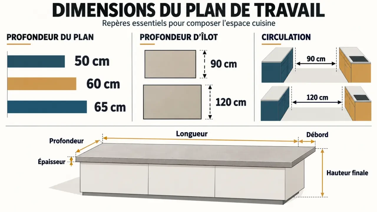 Infographie sur la dimension de plan de travail, les profondeurs standards et les espaces de circulation